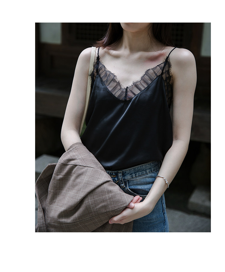 细肩带2020欧美露背性感蕾丝吊带黑色无袖内搭打底衫夏季宽松缎面