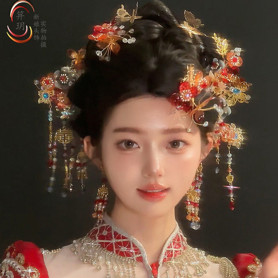 笄玥中式新娘头饰红色减龄长流苏发簪秀禾服配饰品简约旗袍发饰