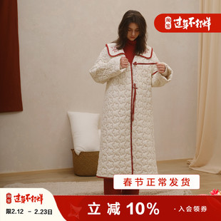 朵朵可可睡衣女秋冬新款喜庆刺绣翻领系带里外全棉夹棉家居服睡袍