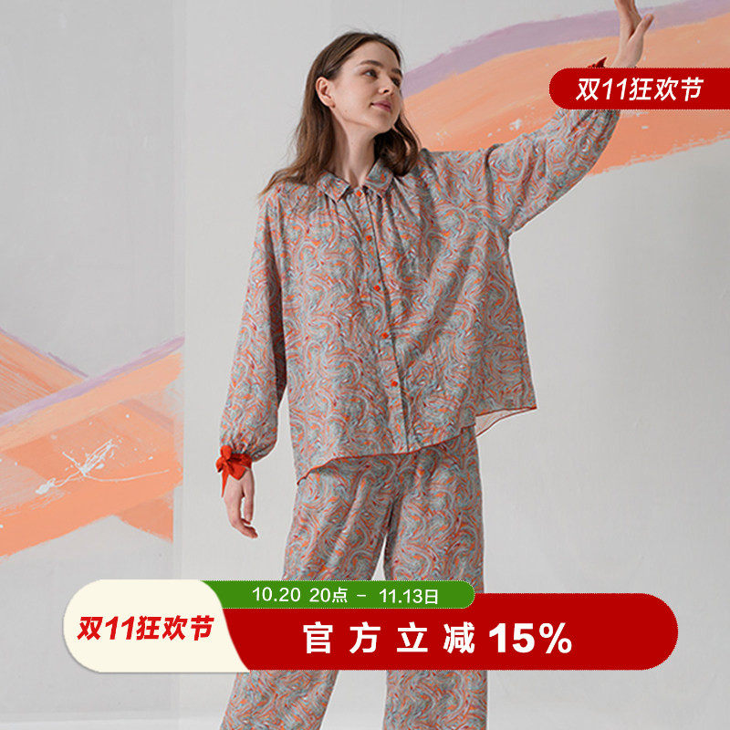朵朵可可睡衣女春秋季新款人棉复古印花长袖家居服套装正品