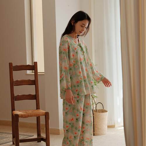 竹节棉花卉新中式盘扣V领家居服