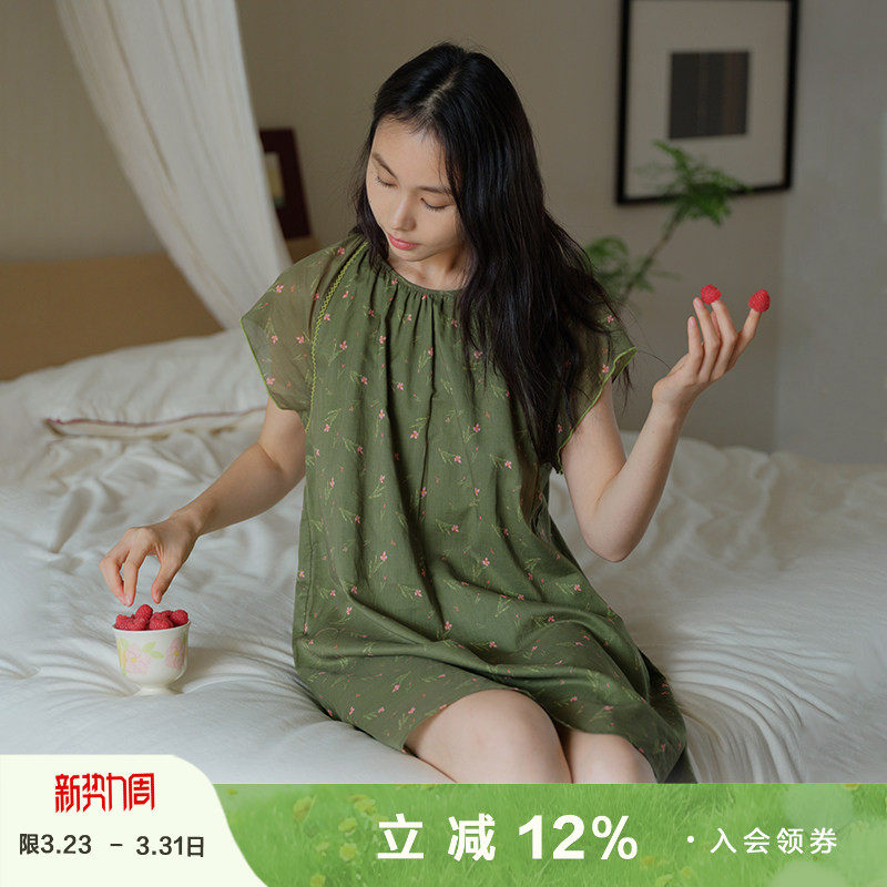 朵朵可可睡衣女2026春夏新款80支超薄纯棉印花凉感短袖甜美睡裙