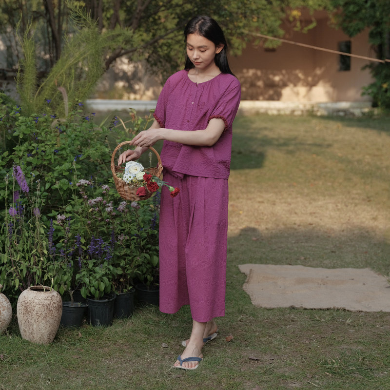 朵朵可可睡衣女2025春夏季新款盐缩纯棉中袖阔腿裤家居服套装