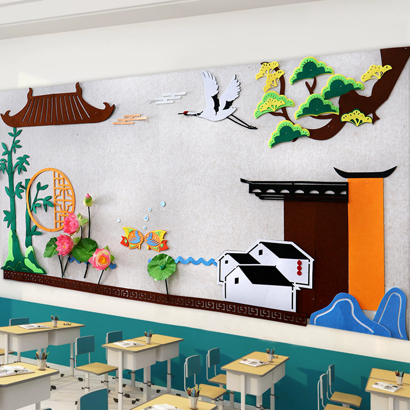 幼儿园新中式古风主题墙屋檐贴画