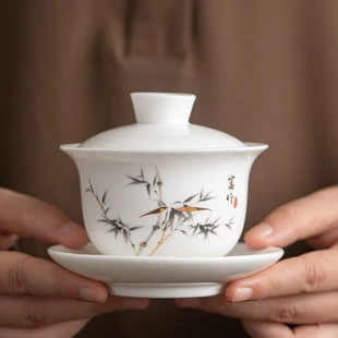 冬未羊脂玉瓷富竹三才盖碗白瓷功夫茶具高档茶碗茶杯新中式陶瓷碗