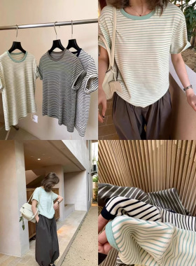 吾家日韩R*S家品质货2026春夏款复古文艺条纹设计百搭显瘦短袖T恤