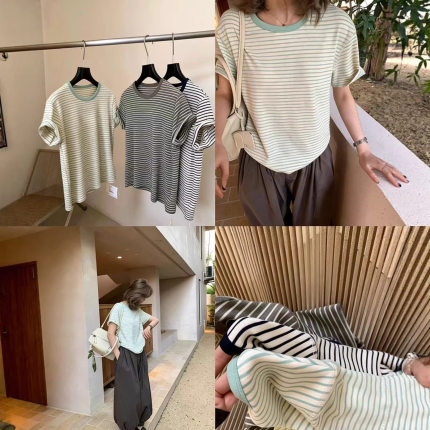 吾家日韩R*S家品质货2026春夏款复古文艺条纹设计百搭显瘦短袖T恤