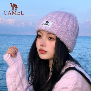 骆驼保暖针织帽女羊毛纱冬季 户外防风滑雪护耳包头帽冷帽毛线帽子