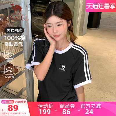 骆驼纯棉T恤短袖女夏季情侣款透气宽松复古运动休闲上衣男休闲风
