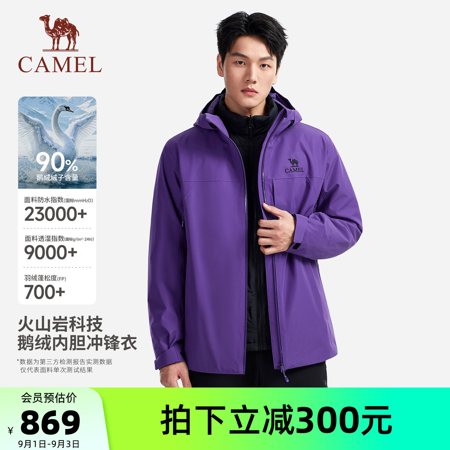 [鹅绒内胆] 骆驼彩壳2.0鹅绒冲锋衣男款三合一火山岩发热羽绒服女图片