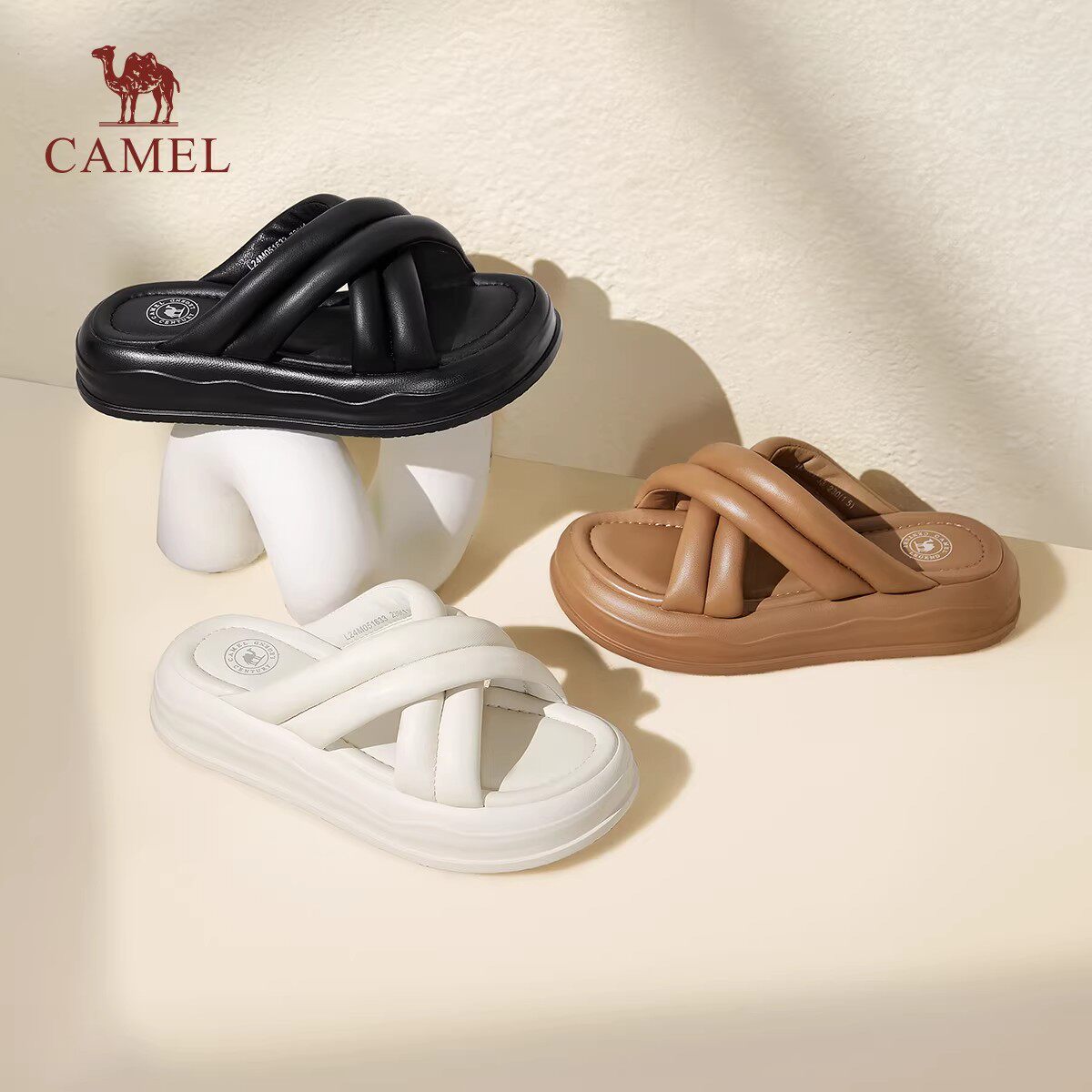 骆驼女鞋2026夏季新款真皮沙滩凉鞋休闲厚底一字拖平底拖鞋女外穿