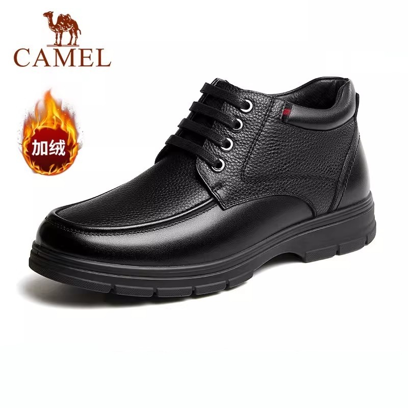 骆驼男鞋2025冬季新款真皮爸爸鞋防滑舒适加绒保暖休闲商务皮鞋男