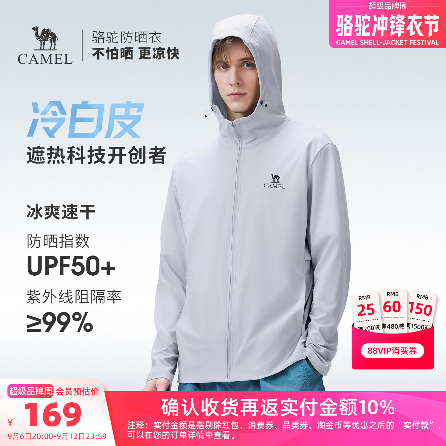 骆驼户外原纱防晒衣男款透气薄款防晒服男士冰丝运动外套黑色开衫图片