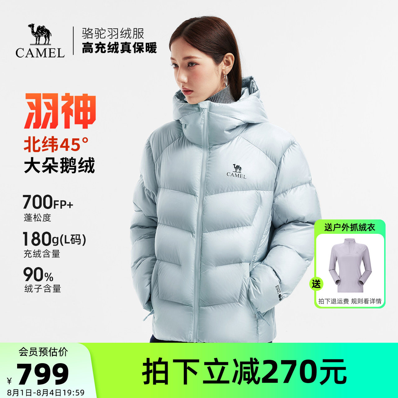 骆驼羽神鹅绒羽绒服蓝色面包服