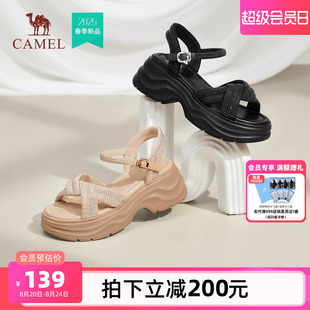 2025夏季 百搭休闲凉鞋 骆驼女鞋 新款 一字带凉鞋 女通勤厚底增高凉鞋