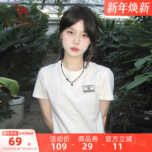 休闲运动修身 棉T透气短袖 显瘦上衣 短款 骆驼夏日正肩圆领T恤女夏季