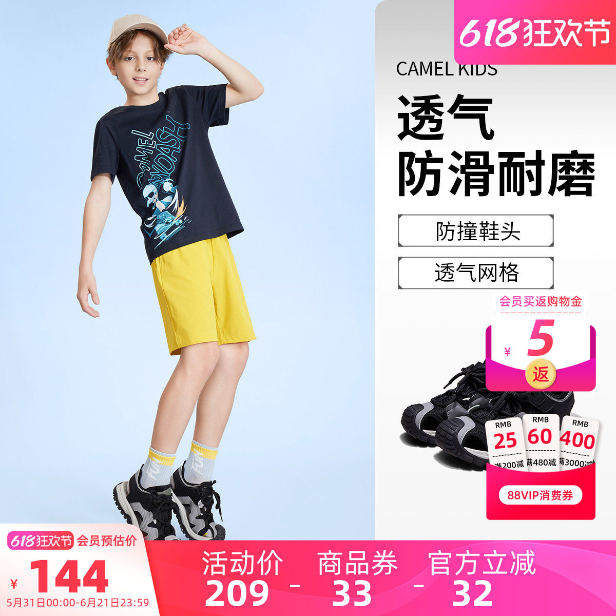 骆驼儿童包头凉鞋2026新款透气防滑耐磨魔术贴运动鞋男女童沙滩鞋