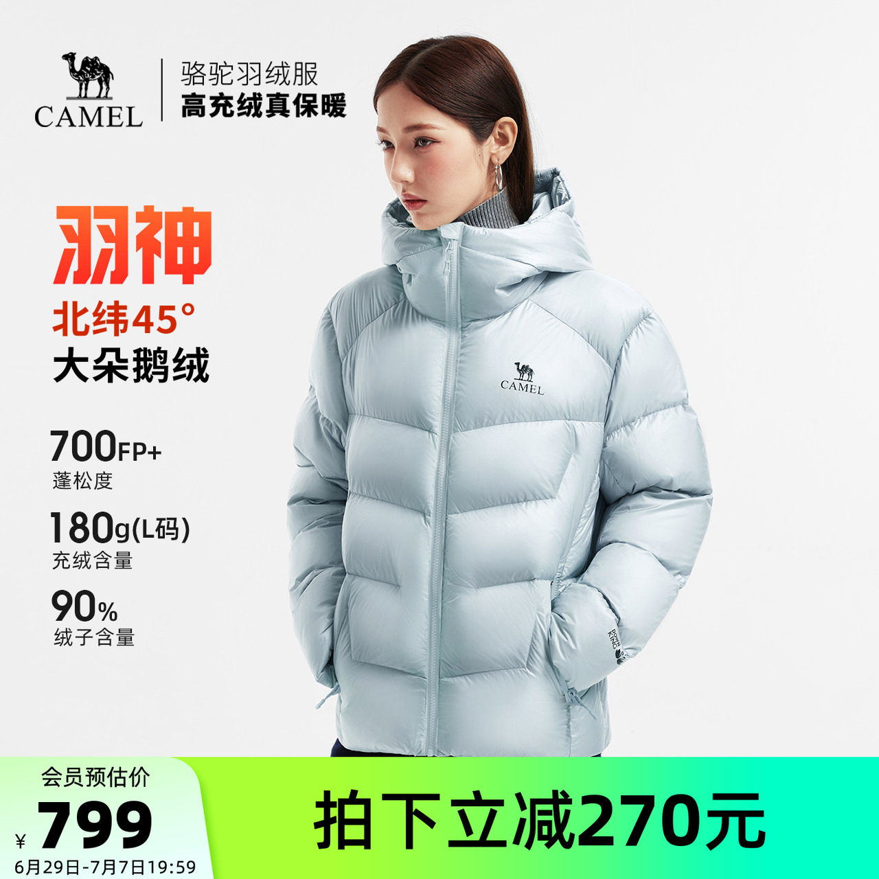 骆驼羽神鹅绒羽绒服蓝色面包服
