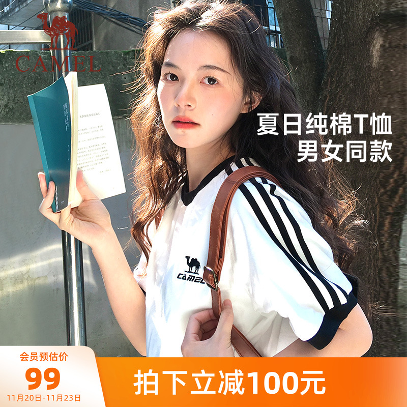 骆驼纯棉T神夏日短袖T恤女2025夏新款情侣宽松复古运动休闲上衣男