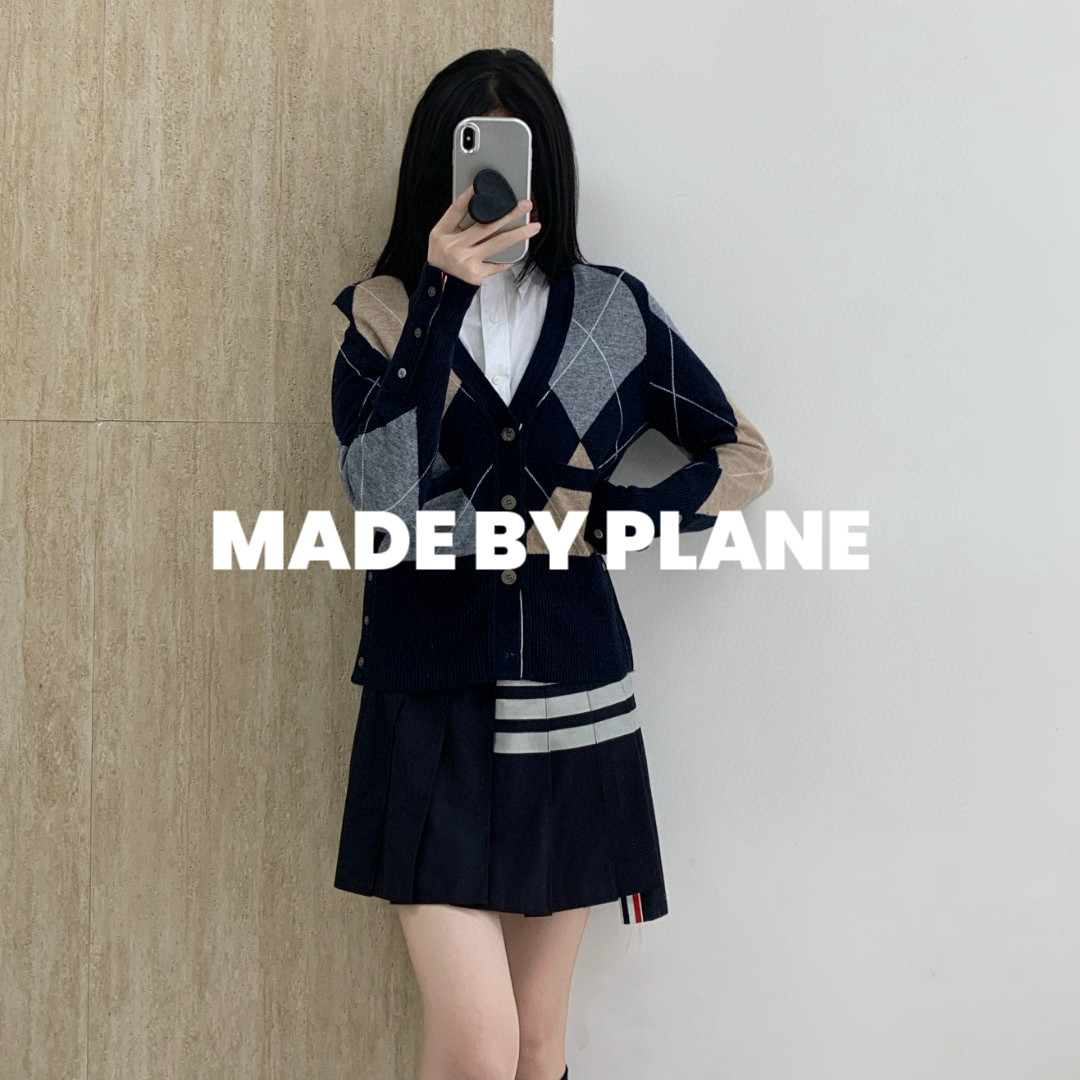 TB早秋学院风V领菱格拼色羊毛针织开衫女毛衣外套上衣周也同款