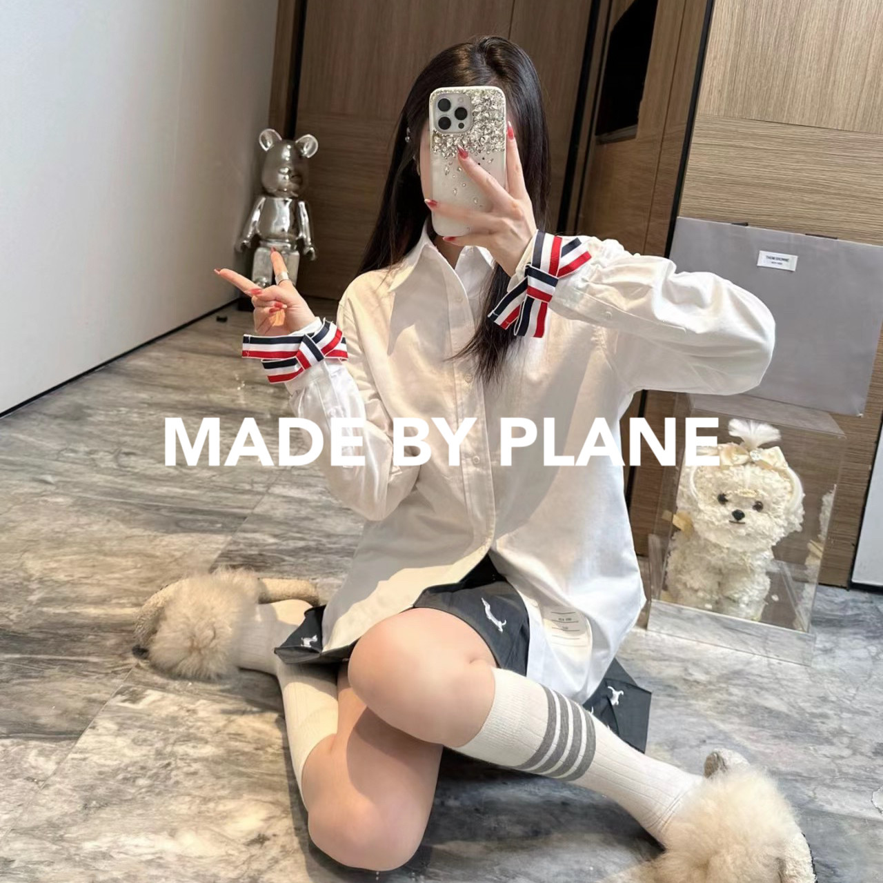 小飞机TB牛津纺纯棉女款袖口红白蓝三色织带蝴蝶结衬衫学院风衬衣