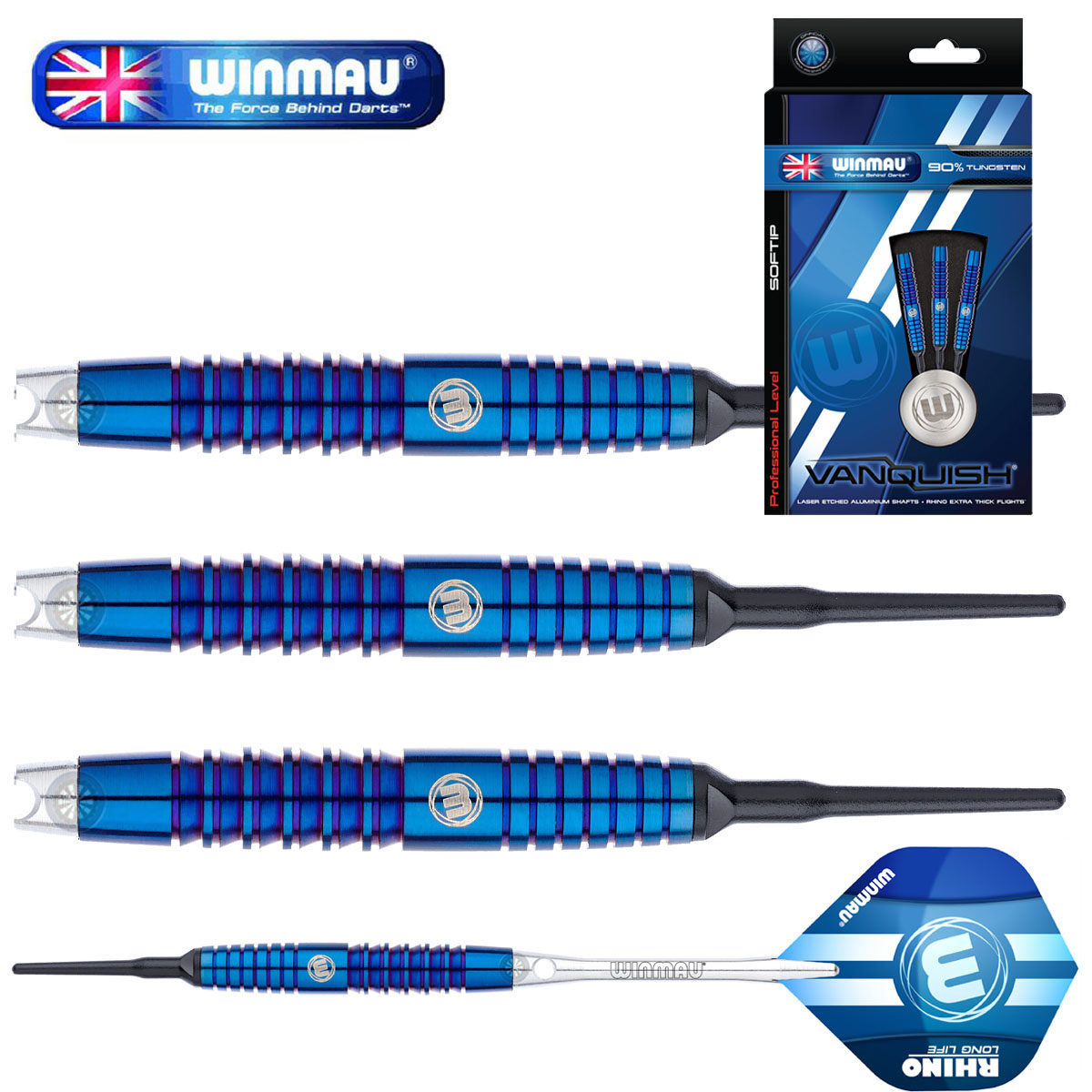 本系列为WINMAU高端镀钛钨钢飞镖，镖身全部有蓝色钛涂层，表面不容易氧化，又能达到良好的手感。本款飞镖和重多品牌中的高端镖一样，原装是没有配镖包和盒子的，只有包装盒