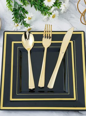150PCS一次性餐盘套装黑色方盘镀金刀叉勺甜点蛋糕盘聚会派对餐具