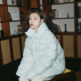 ZJ小众女装 面包服 自制2024冬加厚保暖90白鸭绒闪闪蓝色羽绒服短款