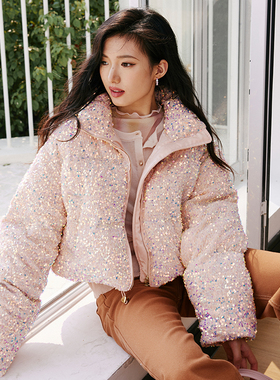 2023冬新韩版闪闪亮片立领保暖90白鸭绒羽绒服女小个子短款面包服