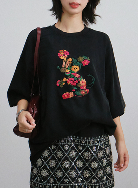 2025设计感小众复古刺绣短袖T恤女宽松显瘦纯棉百搭休闲黑色上衣