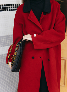 2022秋冬新品法式复古红翻领长款绵羊毛双面尼外套女圣诞新年大衣