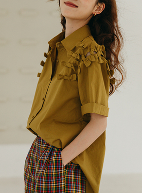 自制2022秋新品韩版百搭秋叶黄蝴蝶结衬衫女气质小众宽松短袖上衣