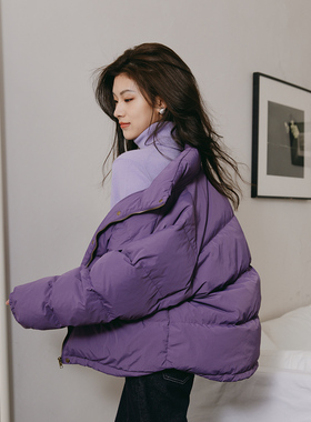 ZJ小众女装自制冬韩版宽松加厚复古90白鸭绒羽绒服短款紫色面包服
