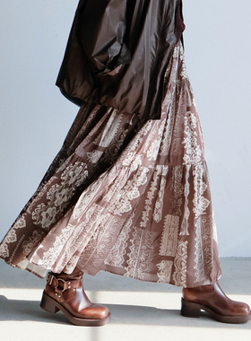 2025秋新高腰显瘦复古棕色蕾丝褶皱半裙女法式复古桑蚕丝A字长裙