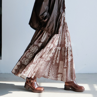 2025秋新高腰显瘦复古棕色蕾丝褶皱半裙女法式 复古桑蚕丝A字长裙