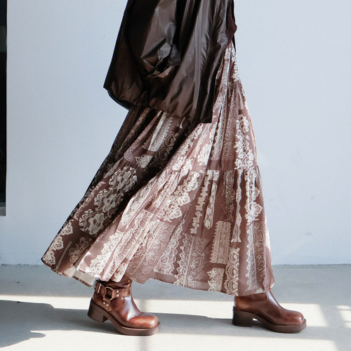 显瘦复古棕色桑蚕丝印花半身裙