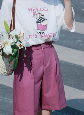 百慕大西装短裤女夏高腰宽松休闲小个子薄款梅子色直筒阔腿五分裤