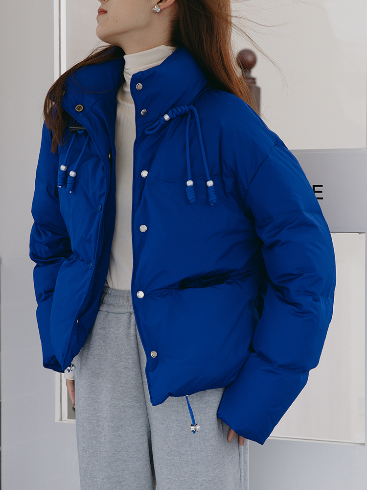 韩版克莱因蓝立领加厚羽绒面包服