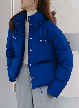 ZJ自制韩版加厚立领克莱因蓝90白鸭绒羽绒服女休闲短款保暖面包服