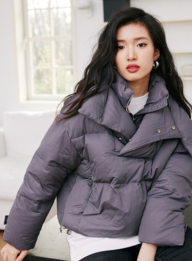 自制2023冬韩版石墨灰设计感90白鸭绒面包服羽绒卫衣女加厚短外套