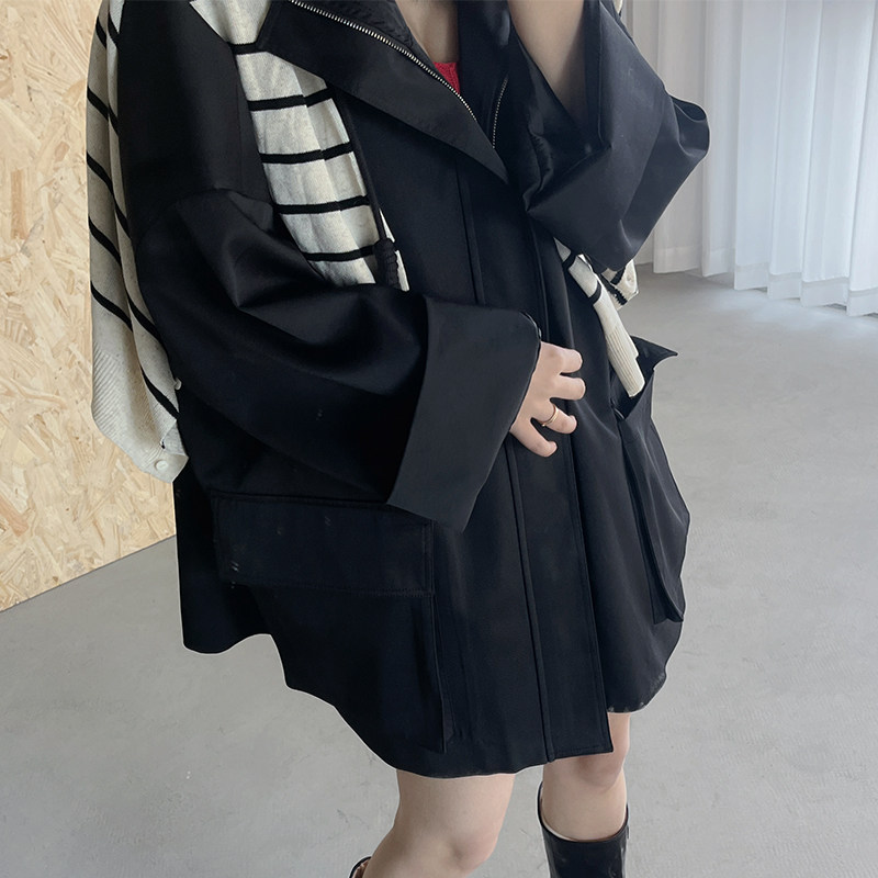 2024春新款气质百搭宽松显瘦拉链口袋连帽风衣羊毛醋酸休闲短外套