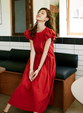 自制2024夏新品韩版红色气质显瘦露背连衣裙女度假泡泡袖过膝长裙