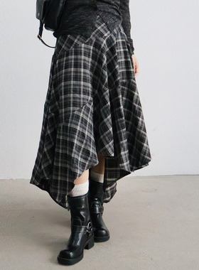 设计感小众伞裙女2025秋季新款不规则复古格子飘逸半身裙显瘦长裙