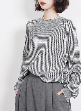 ZJ小众女装自制2024秋季新品羊毛老钱风显瘦条纹针织衫女百搭圆领