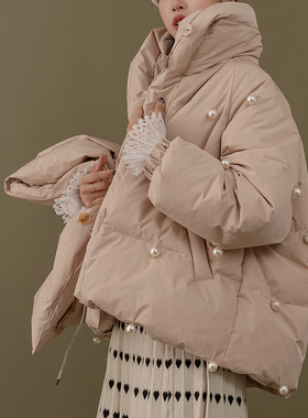 ZJ小众女装自制2024冬杏色90白鸭绒宽松加厚羽绒服翻领小个子外套