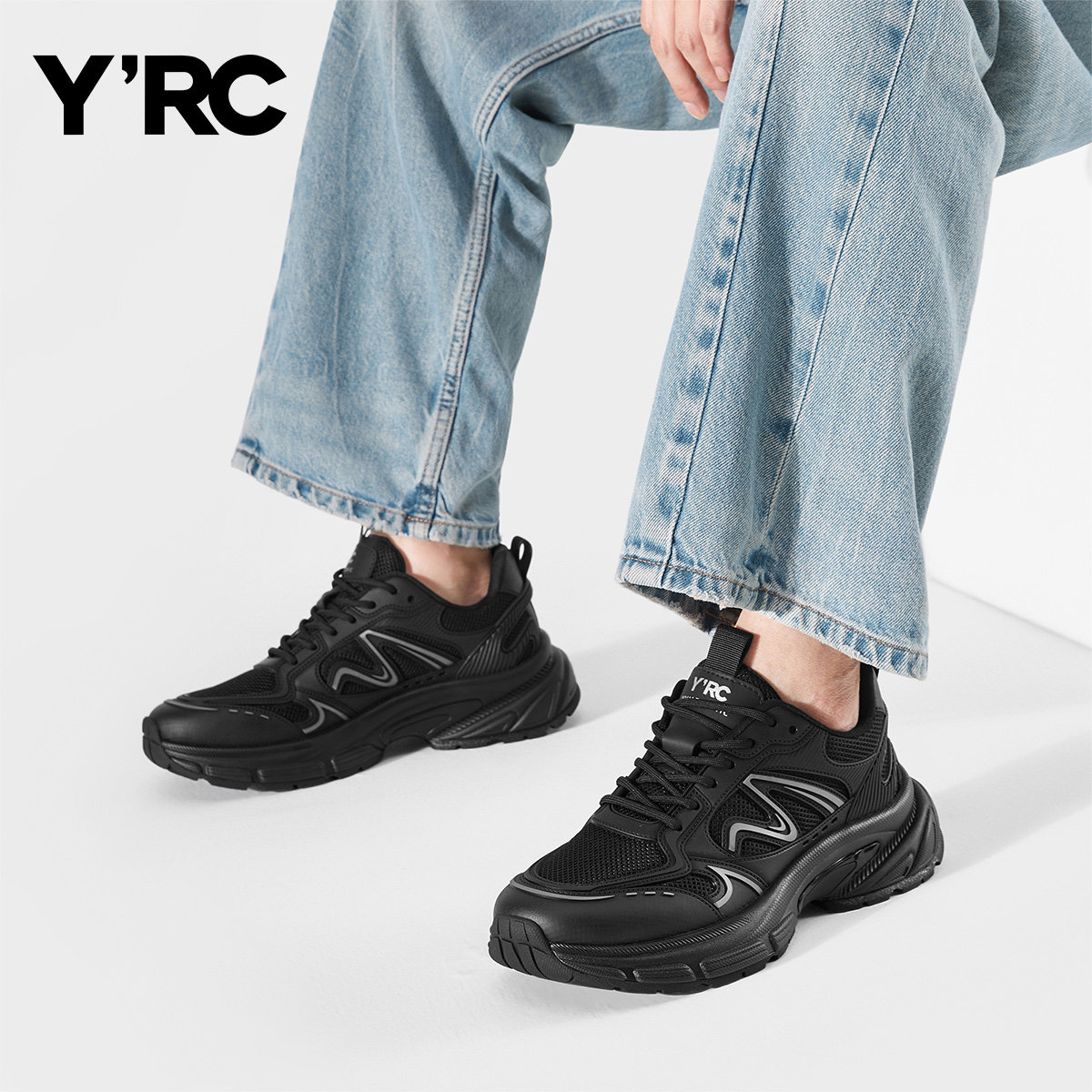 YRC运动休闲鞋男士2025秋季新款时尚圆头系带黑色百搭简约鞋子