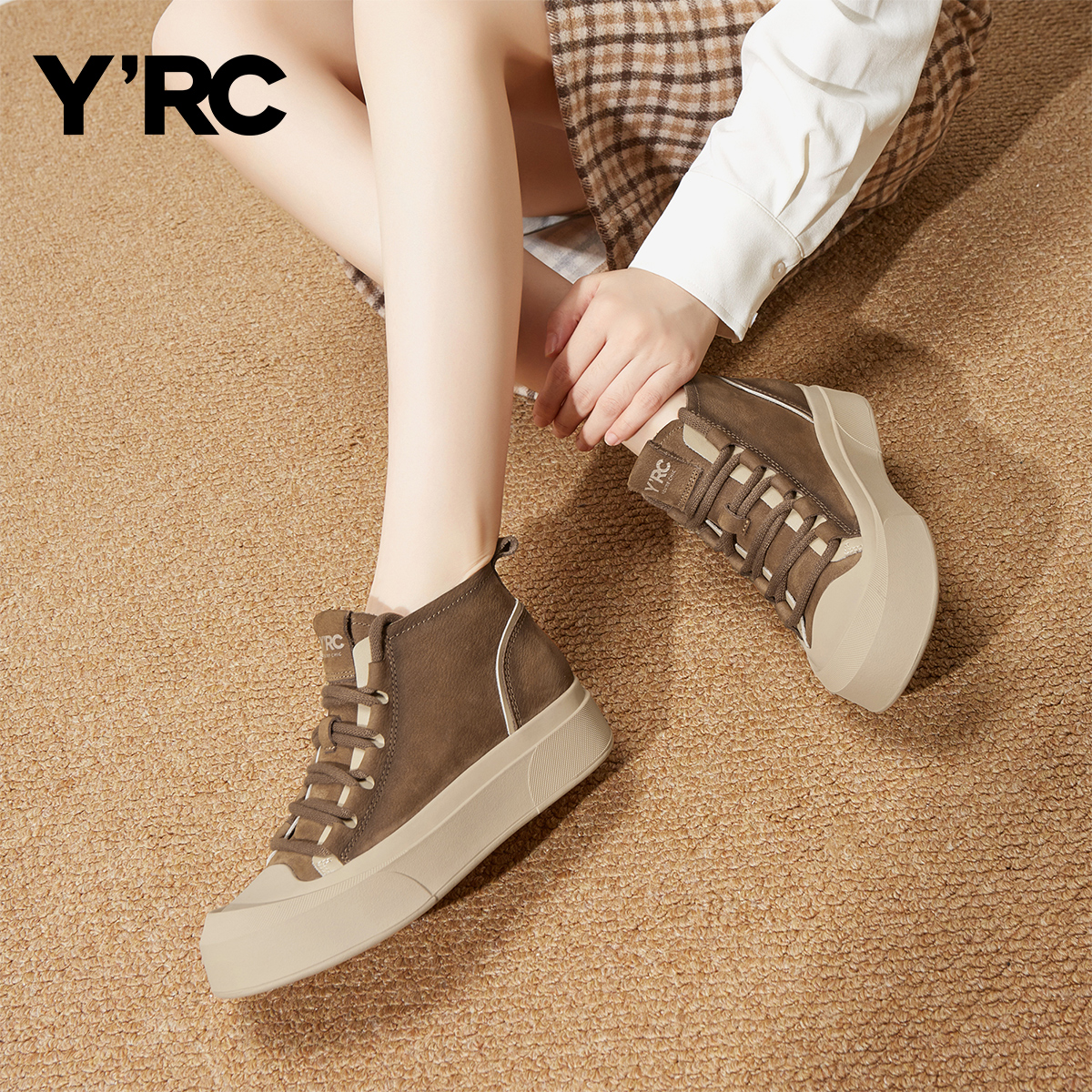 YRC复古百搭高帮休闲鞋女2025秋季新款厚底系带软底舒适板鞋