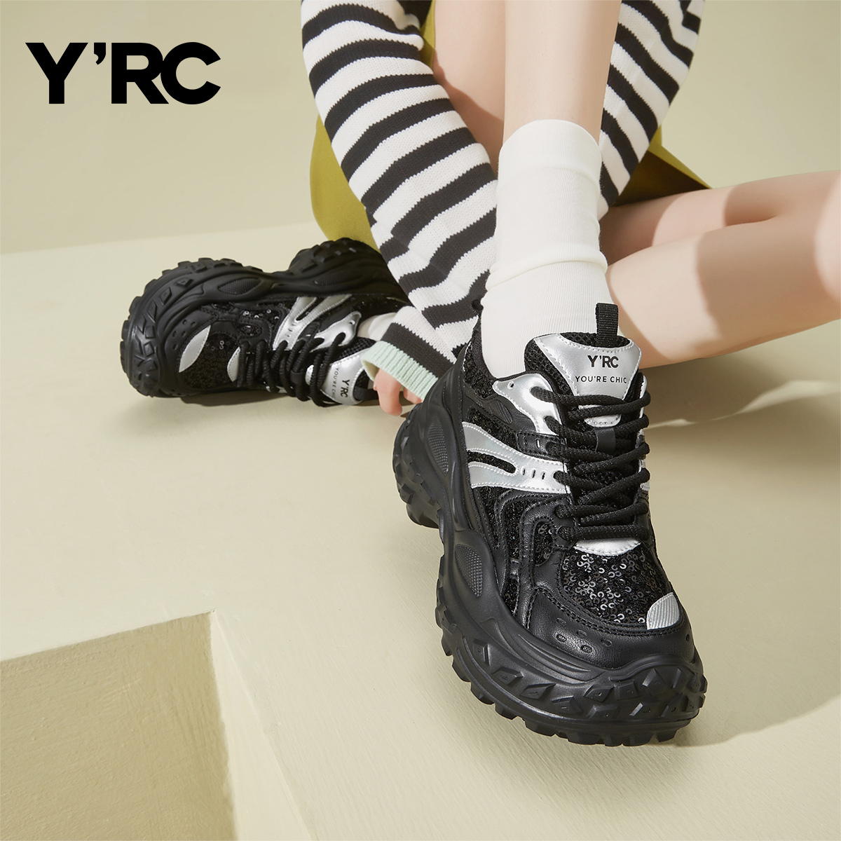 YRC厚底老爹鞋女2025秋新款时尚透气亮片增高运动休闲鞋显脚小女