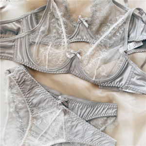 欧美少女文胸罩 超薄蕾丝性感 透明内衣套装新品春夏 网纱小胸深V