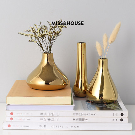 小西家 北欧风ins轻奢金色陶瓷小花瓶 干花插花器桌面装饰摆件